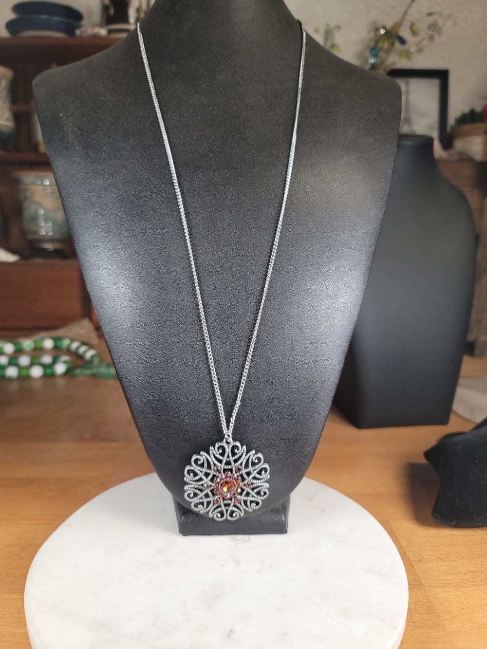 paparazzi Silver-Tone Filigree Pendant Necklace with Amber Accent
